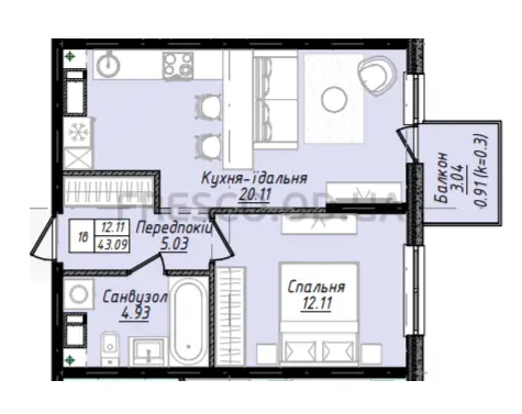 Однокомнатная квартира · 43.0 м² · ЖК Sky City