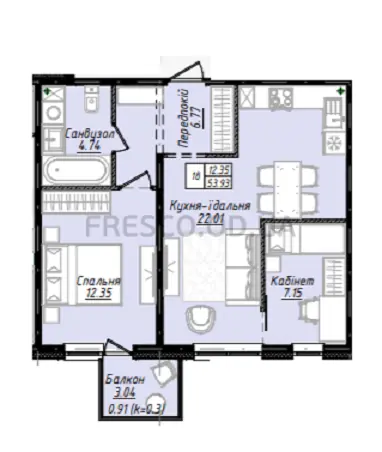 Двухкомнатная квартира · 54.5 м² · ЖК Sky City