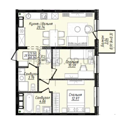 Двухкомнатная квартира · 60.5 м² · ЖК Sky City