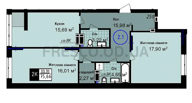 Двухкомнатная квартира · 75.66 м² · ЖК Sea Town
