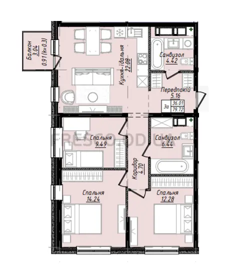 Трёхкомнатная квартира · 80.6 м² · ЖК Sky City
