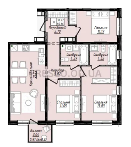 Трёхкомнатная квартира · 80.7 м² · ЖК Sky City