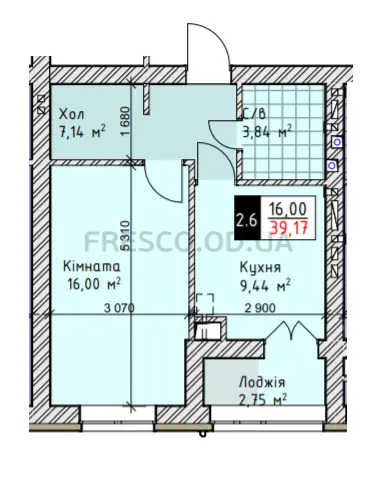 Однокомнатная квартира · 39.17 м² · ЖК Чайка Люкс