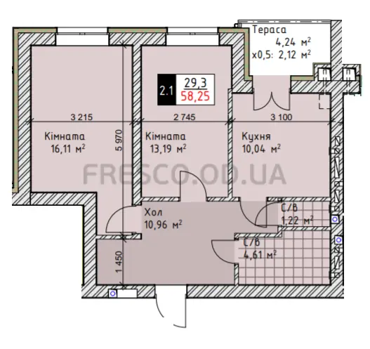 Двухкомнатная квартира · 58.25 м² · ЖК Чайка Люкс