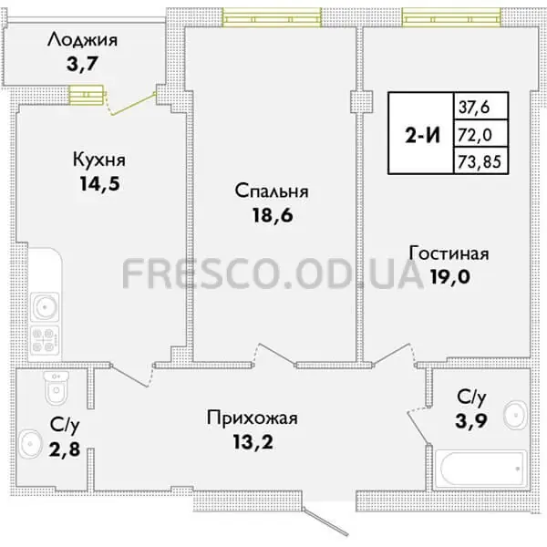 Двухкомнатная квартира · 73.8 м² · ЖК Парк Совиньон