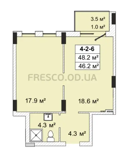 Однокомнатная квартира · 46.1 м² · ЖК Голден Сити