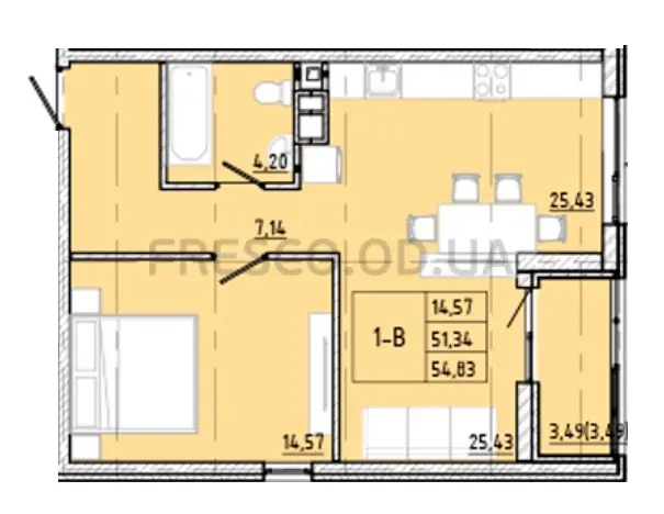 Однокомнатная квартира · 53.09 м² · ЖК Модерн