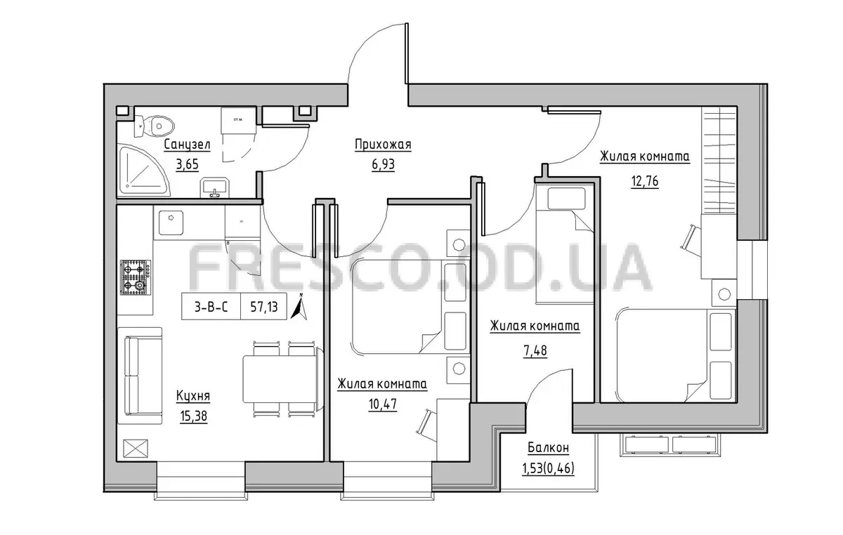 Трёхкомнатная квартира · 57.13 м² · ЖК Кекс (Keks)