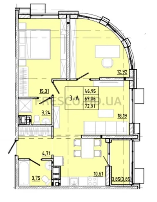Трёхкомнатная квартира · 73.2 м² · ЖК Модерн