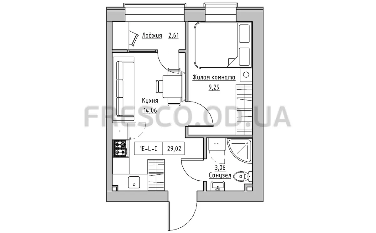 Однокомнатная квартира · 29.02 м² · ЖК Кекс (Keks)