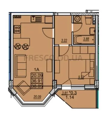 Однокомнатная квартира · 38.0 м² · ЖК Меридиан (MERIDIAN)