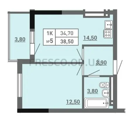Однокомнатная квартира · 38.5 м² · ЖК Акварель 3