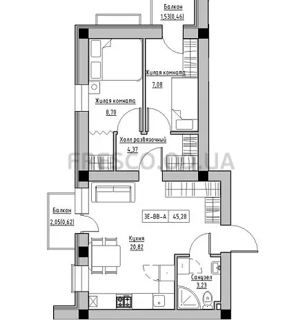 Двухкомнатная квартира · 45.28 м² · ЖК Кекс (Keks)