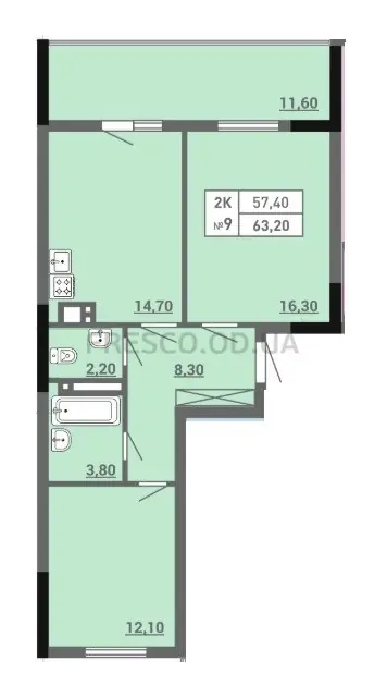 Двухкомнатная квартира · 67.9 м² · ЖК Акварель 3