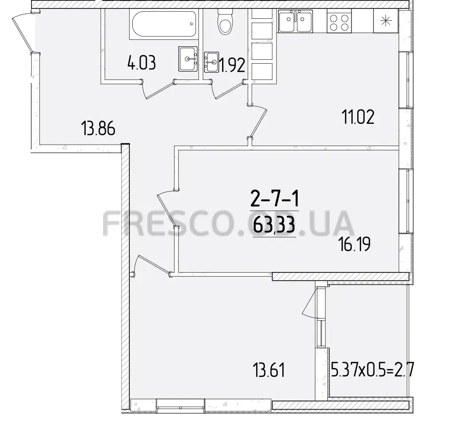 Двухкомнатная квартира · 63.0 м² · ЖК 68 Жемчужина