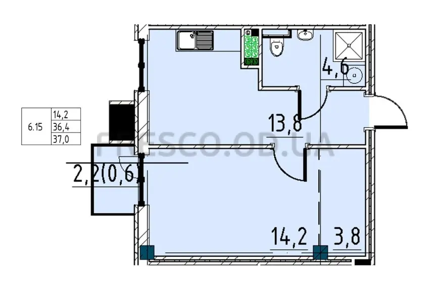 Однокомнатная квартира · 36.5 м² · Пространство на Ришельевской