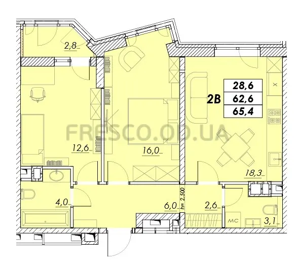 Двухкомнатная квартира · 65.4 м² · ЖК Прохоровский квартал
