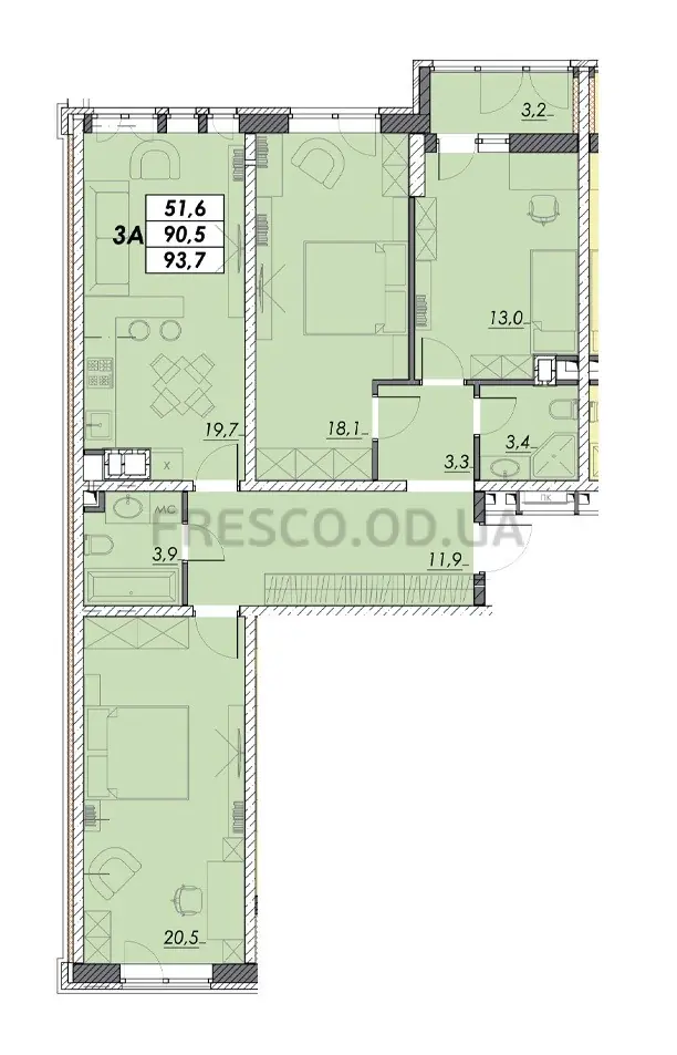 Трёхкомнатная квартира · 97.3 м² · ЖК Прохоровский квартал