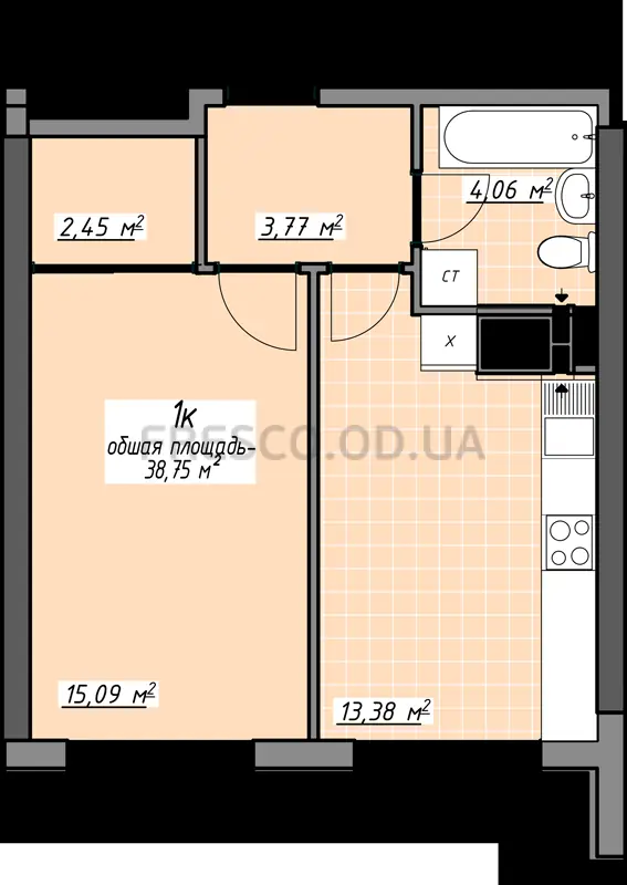 Однокомнатная квартира · 38.75 м² · ЖК Одесские традиции на Глушко