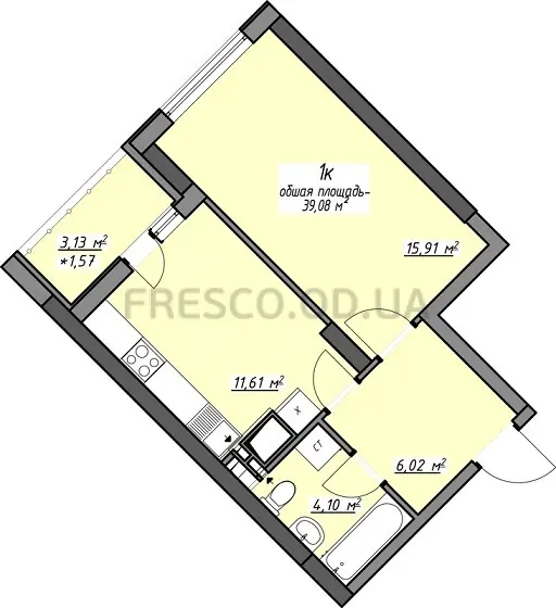 Однокомнатная квартира · 41.58 м² · ЖК Одесские традиции на Глушко