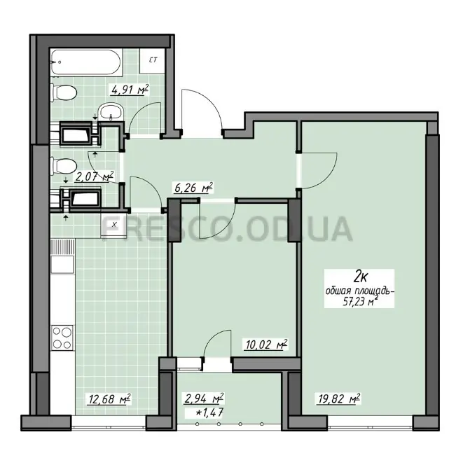 Двухкомнатная квартира · 57.23 м² · ЖК Одесские традиции на Глушко
