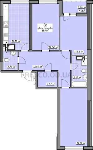 Трёхкомнатная квартира · 85.0 м² · ЖК Одесские традиции на Глушко