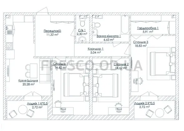 Трёхкомнатные апартаменты · 104.99 м² · ЖК Kandinsky