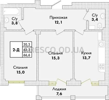 Двухкомнатная квартира · 66.58 м² · ЖК Парк Совиньон