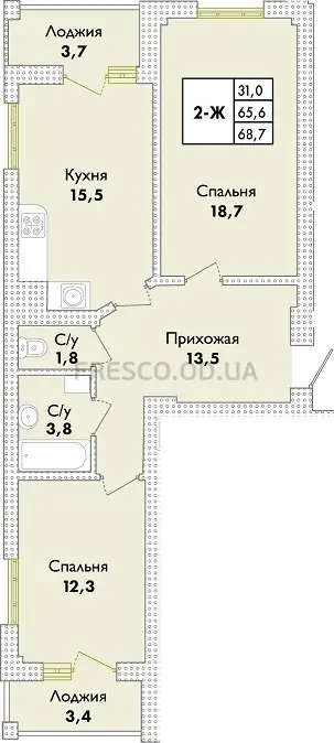Двухкомнатная квартира · 68.7 м² · ЖК Парк Совиньон