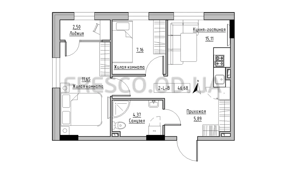 Двухкомнатная квартира · 46.68 м² · ЖК Кекс (Keks)