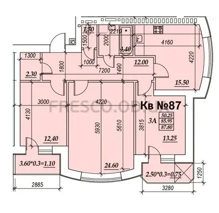 Трёхкомнатная квартира · 87.8 м² · ЖК Parkside