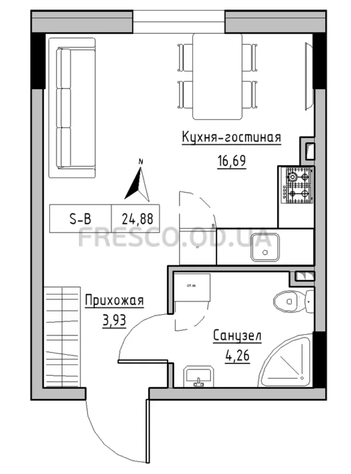Студия · 24.88 м² · ЖК Кекс (Keks)