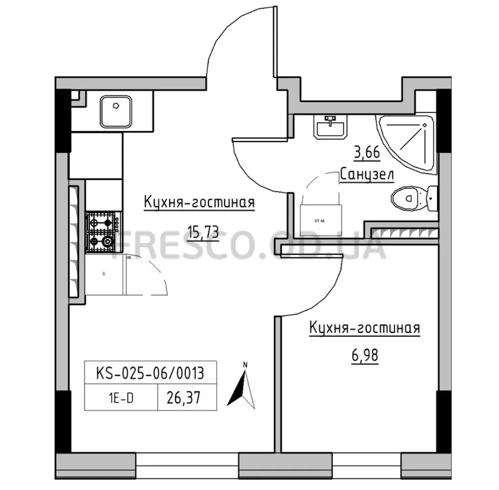 Однокомнатная квартира · 26.37 м² · ЖК Кекс (Keks)