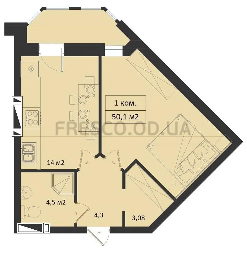 Однокомнатные апартаменты · 49.0 м² · ЖК Avinion