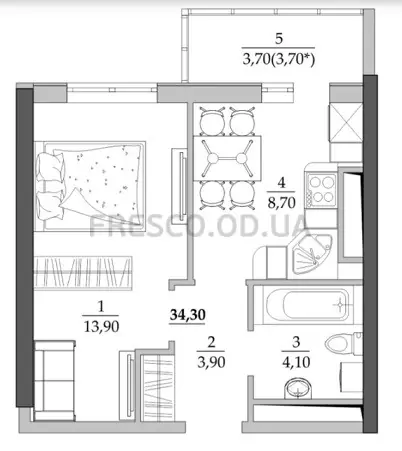 Однокомнатная квартира · 34.3 м² · ЖК Таировские сады
