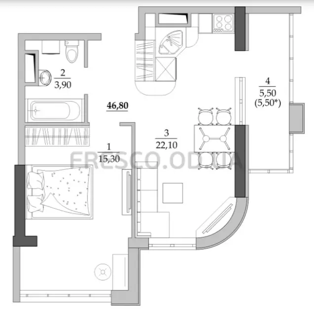 Однокомнатная квартира · 46.8 м² · ЖК Таировские сады