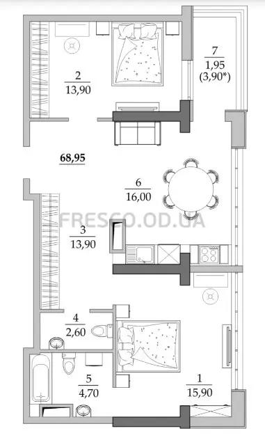Двухкомнатная квартира · 68.95 м² · ЖК Таировские сады