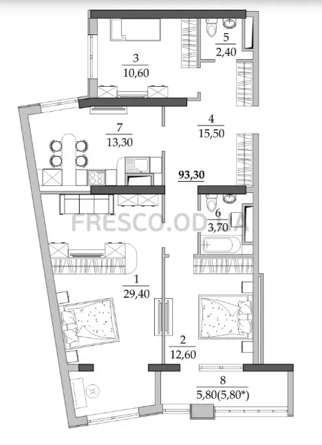 Трёхкомнатная квартира · 93.3 м² · ЖК Таировские сады