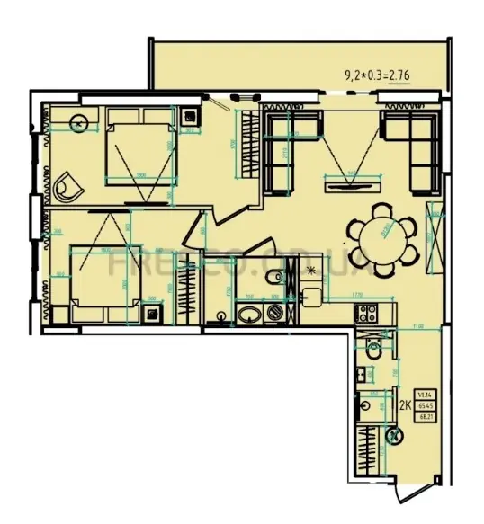 Двухкомнатная квартира · 67.0 м² · ЖК ЭЛЛАДА