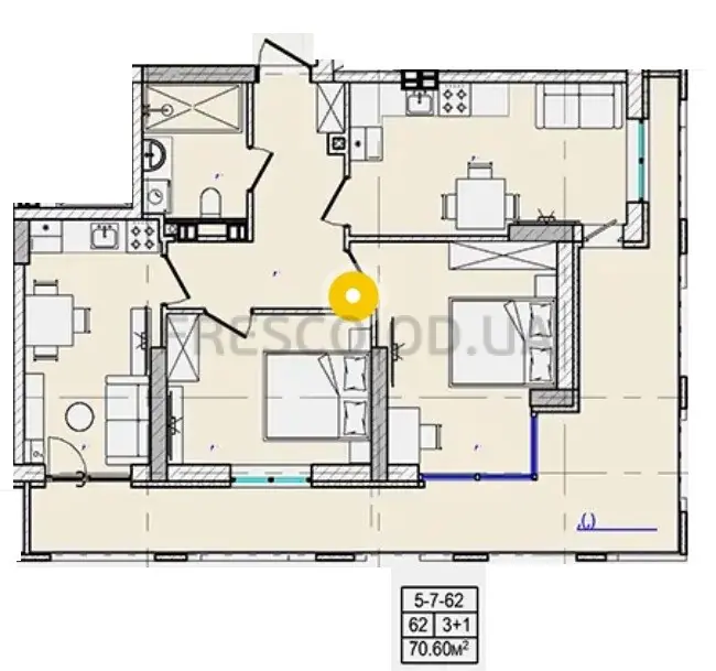 Трёхкомнатная квартира · 70.6 м² · ЖК Голден Сити