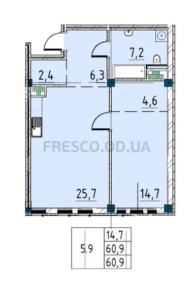 Однокомнатная квартира · 60.7 м² · Пространство на Ришельевской