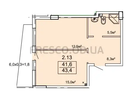 Однокомнатные апартаменты · 43.3 м² · ЖК Бриз Марин