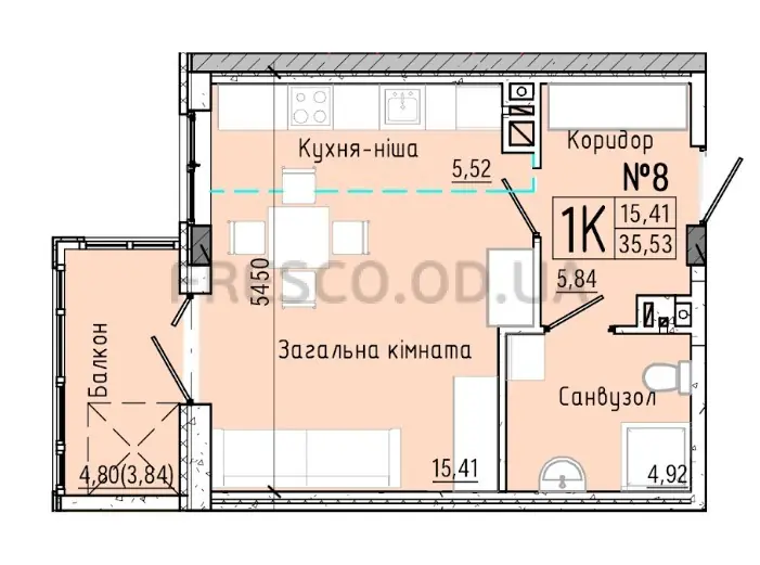 Однокомнатная квартира · 37.2 м² · ЖК Акварель-7