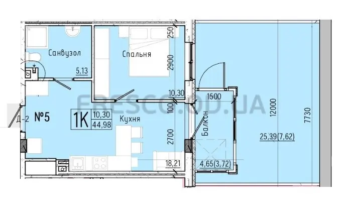 Однокомнатная квартира · 45.1 м² · ЖК Акварель-7