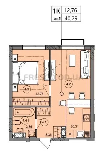 Однокомнатная квартира · 40.29 м² · ЖК Акварель 10