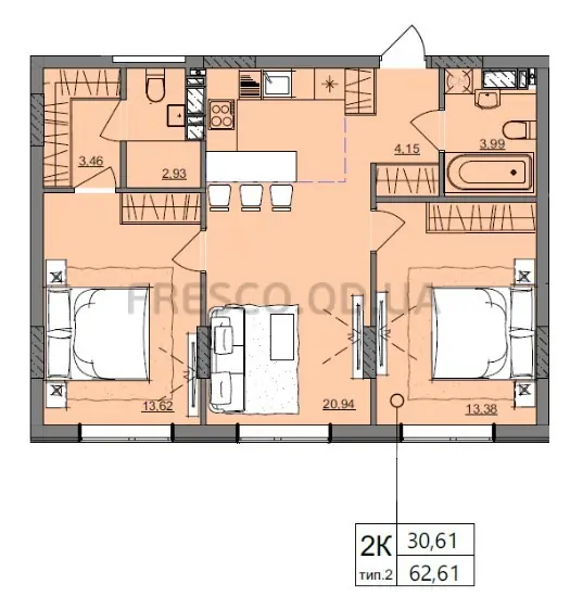 Двухкомнатная квартира · 62.61 м² · ЖК Акварель 10