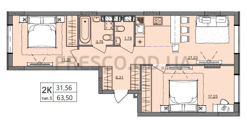 Двухкомнатная квартира · 63.5 м² · ЖК Акварель 10