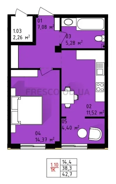 Однокомнатная квартира · 42.4 м² · ЖК Теплый дом плюс