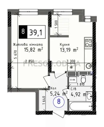 Однокомнатная · 39.1 м² · ЖК Одеса Сити