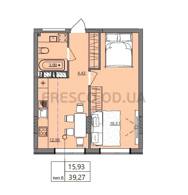 Однокомнатная квартира · 39.27 м² · ЖК Акварель 10